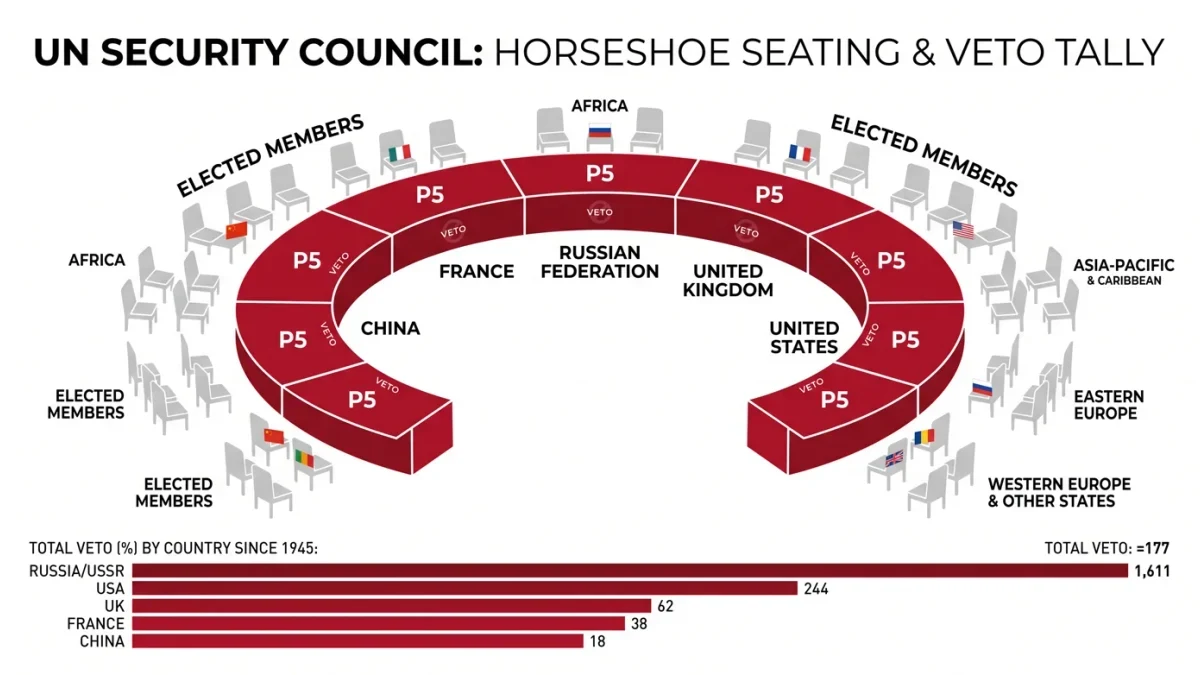 Infographic of Security Council seating and the five veto holders