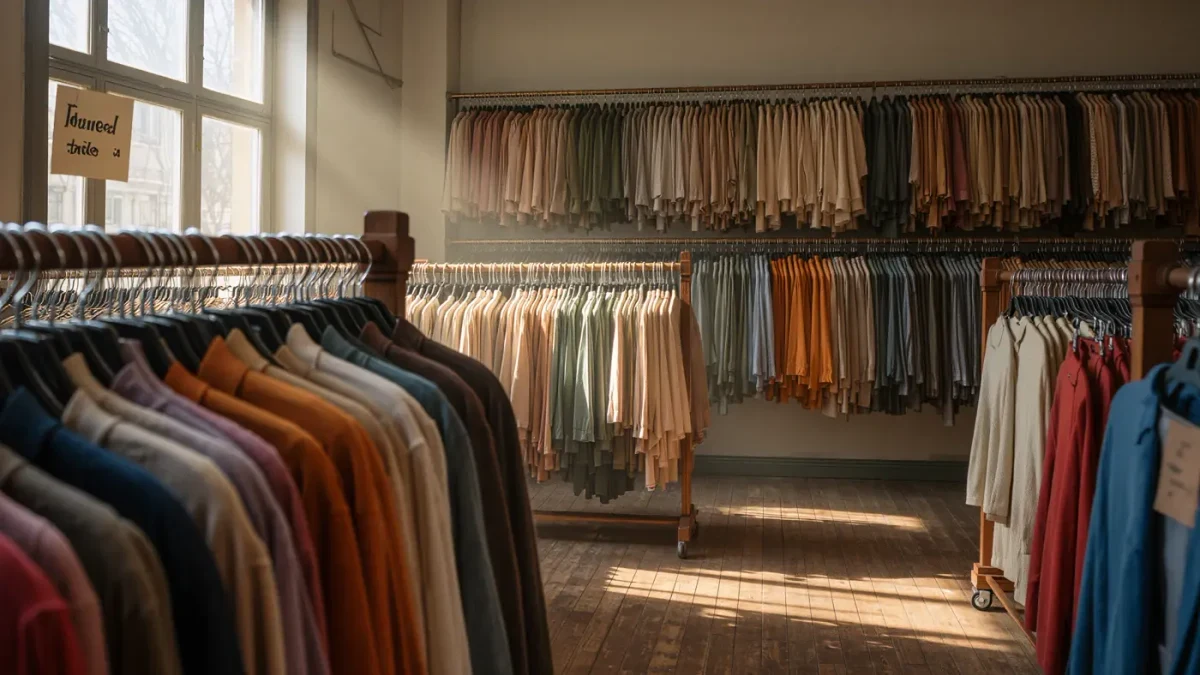 Quiet vintage clothing shop interior with garments on rails in afternoon light