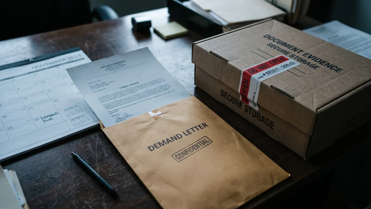 Close-up of a demand letter beside a sealed evidence box