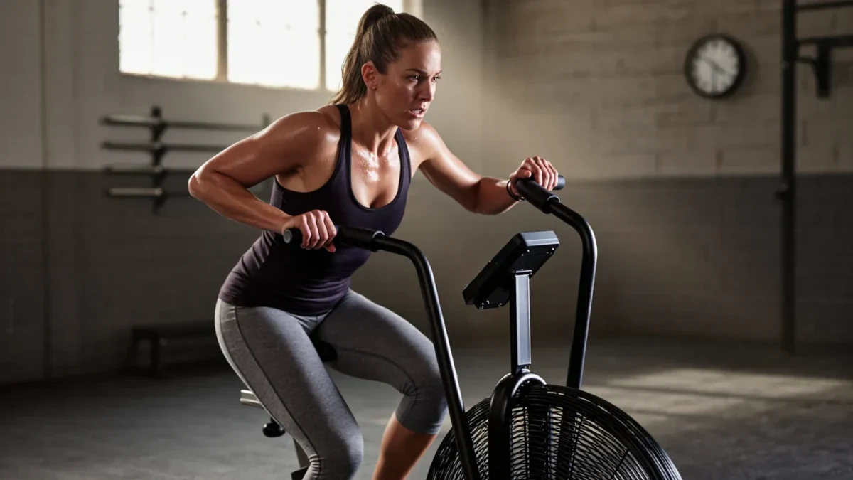 Athlete mid-interval on an air bike in a plain gym