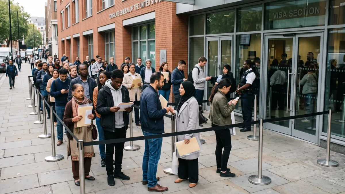 Applicants queuing outside a consulate visa window at midday