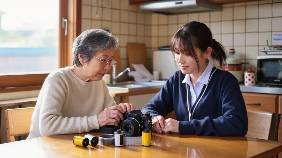 Older mentor and teenage student loading a mechanical film camera at kitchen table