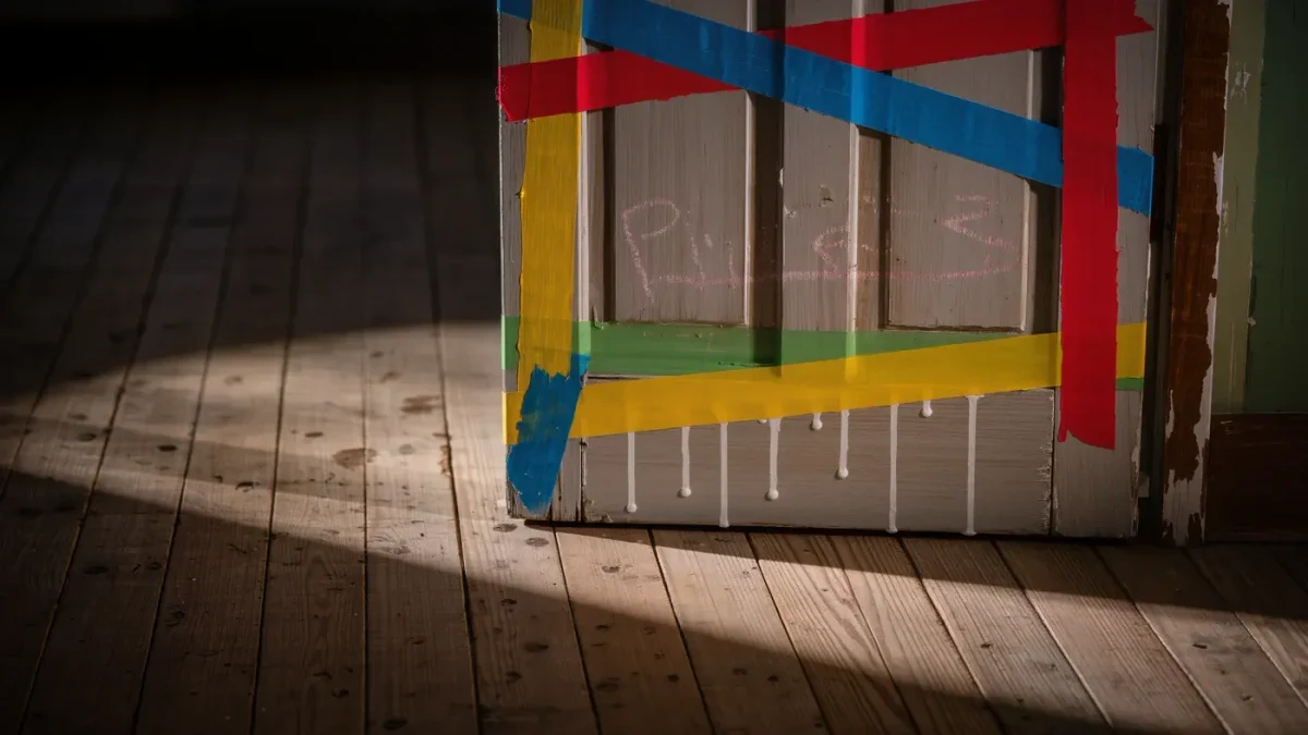 Detail of a residency studio door with painted handprints and tape