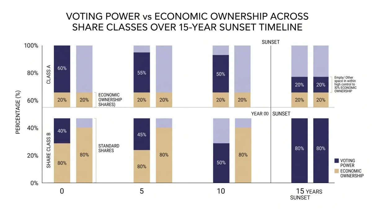 Infographic comparing voting power versus economic ownership in dual-class firms