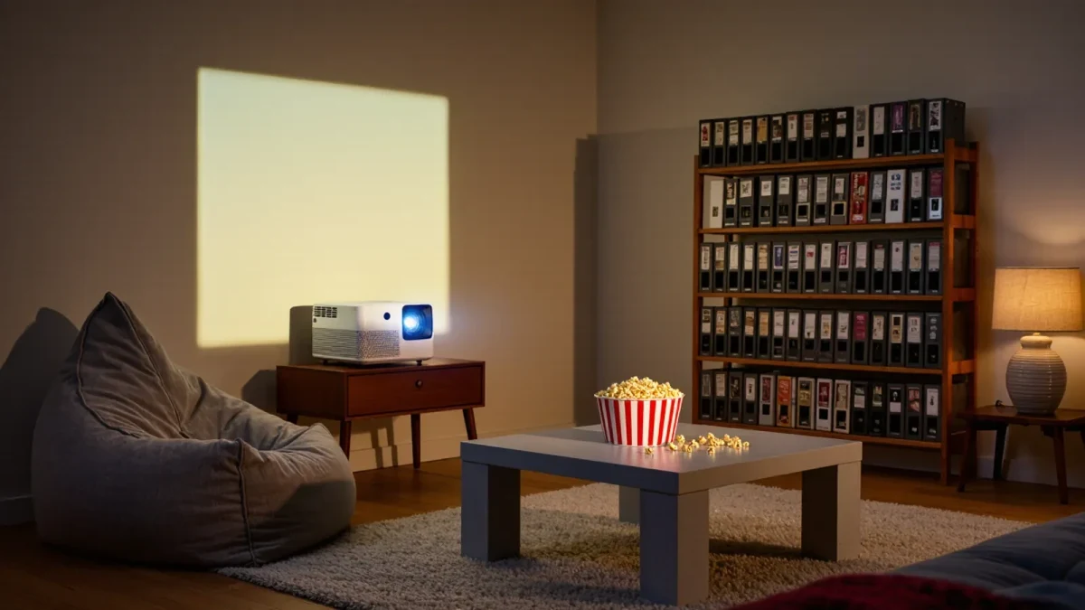 Home projector corner with vintage film shelf