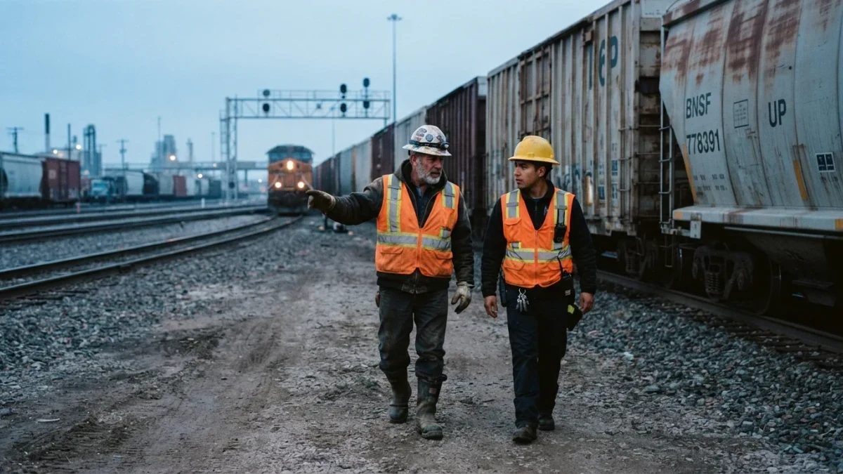 Rail yard workers coordinating freight cars at dawn