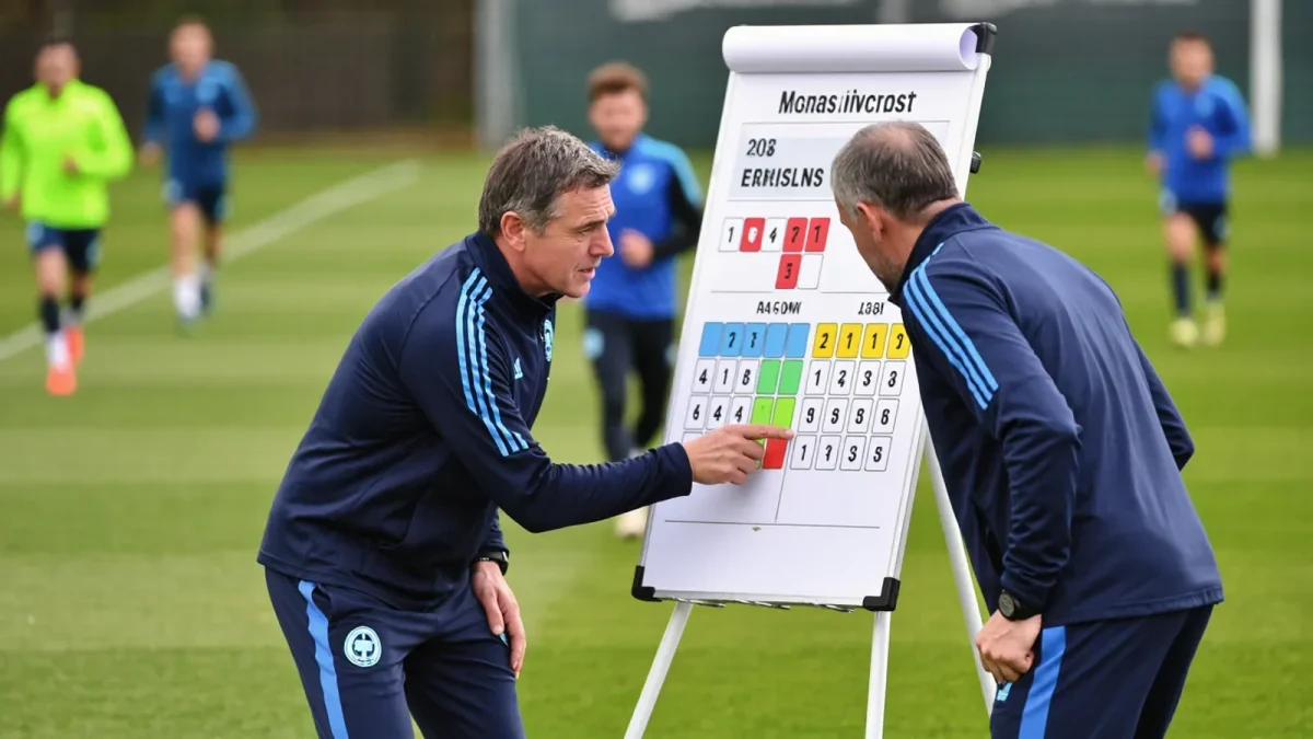 Coaches pointing on a tactics board during a team session