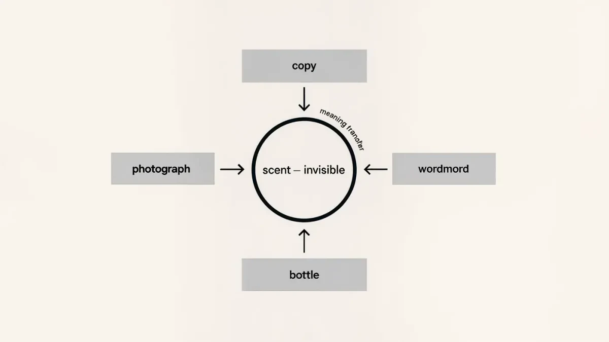 Diagram mapping a fragrance campaign through photograph, copy, logo and scent