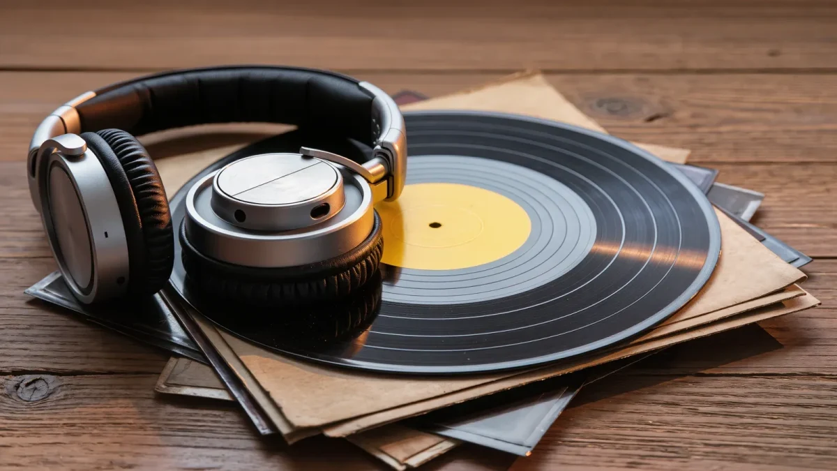 Over-ear headphones resting on a stack of worn record sleeves, warm evening light