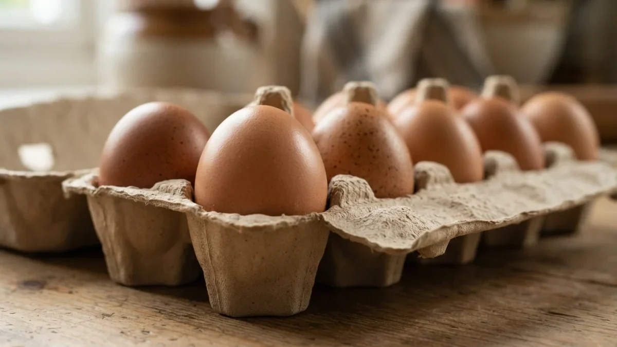 Macro photograph of brown eggs in an open molded carton