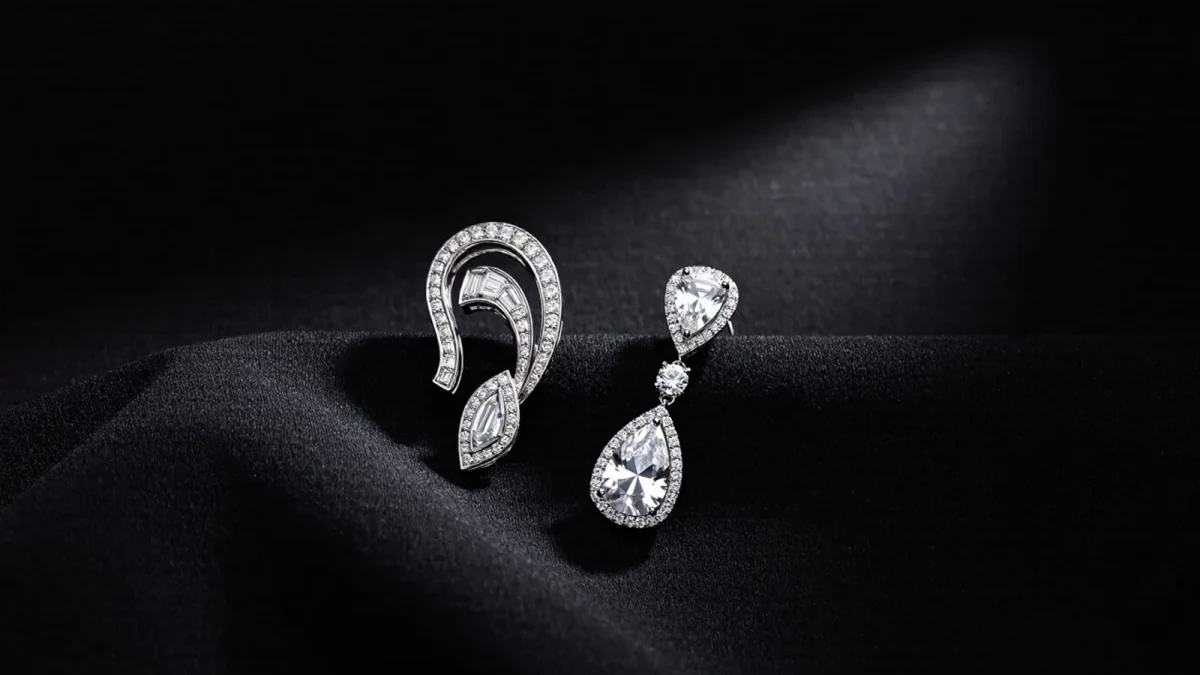 Diamond ear cuff resting on black velvet under studio spotlight