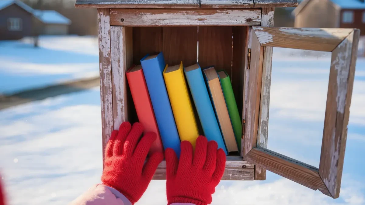 Child's hands choosing a book from a little free library box