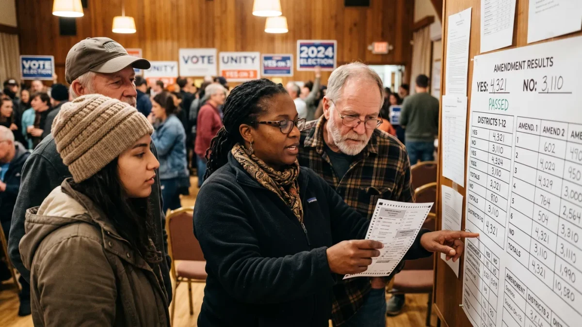 Election-night tally board showing amendment results beside constitutional text page