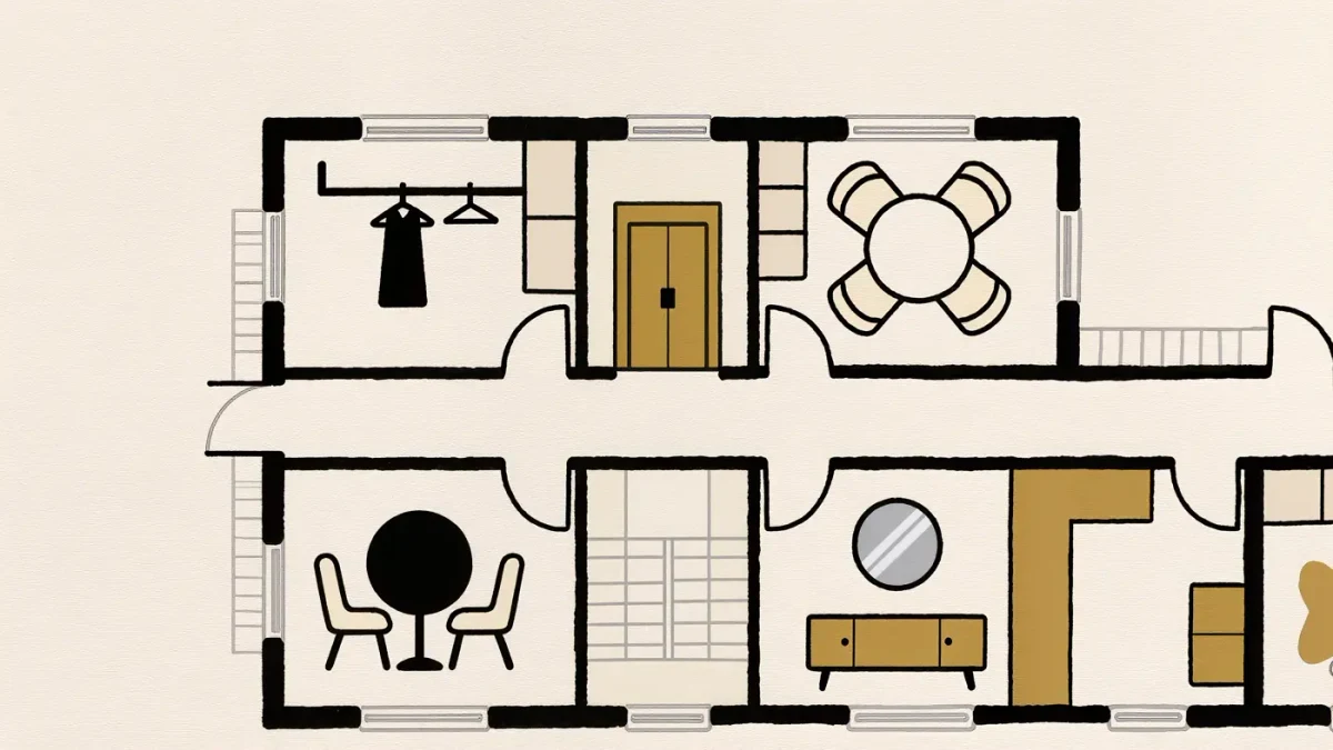 Infographic floor plan of hotel suites converted to fashion showroom zones