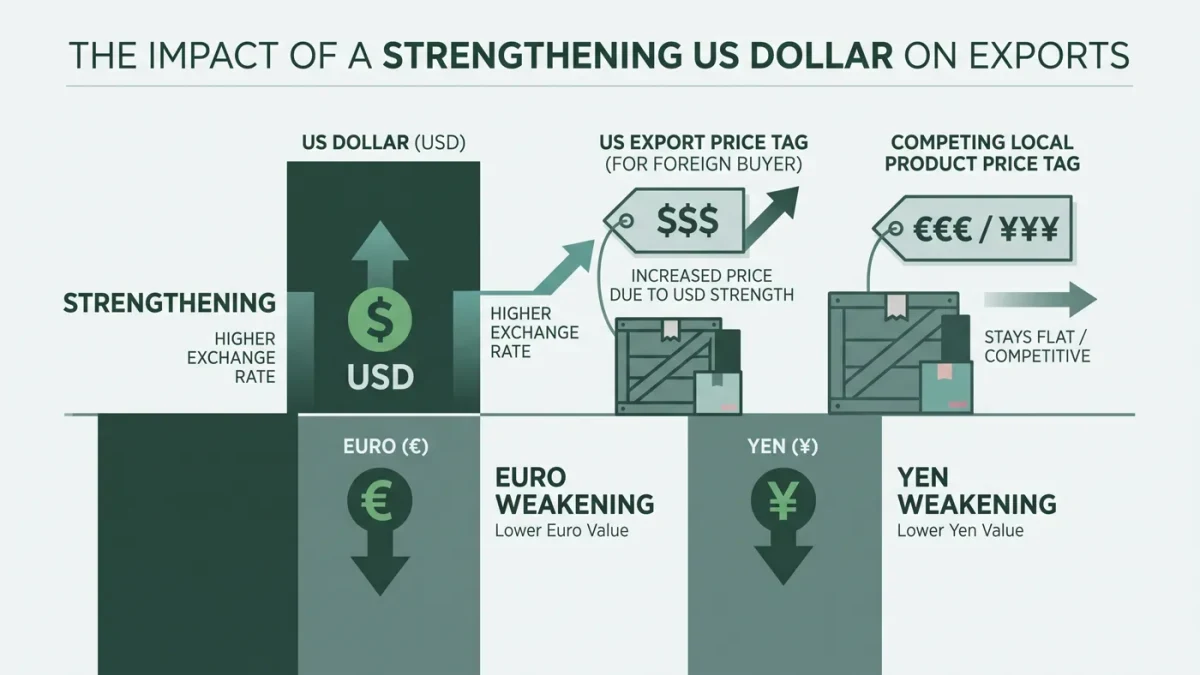 Infographic of dollar appreciation raising foreign-currency export prices