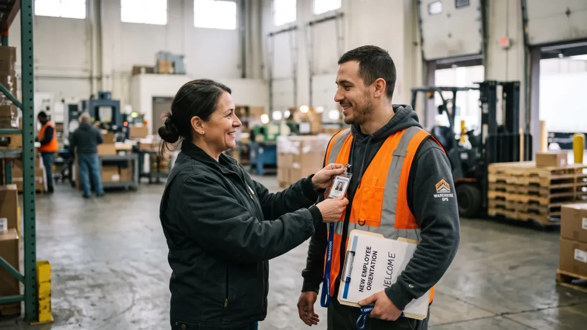 New hire in warehouse vest receiving a badge from a supervisor