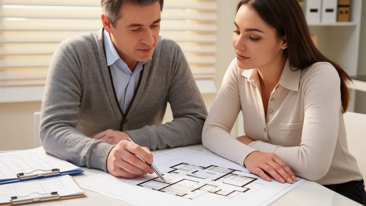 Housing counselor and client reviewing a floor plan together