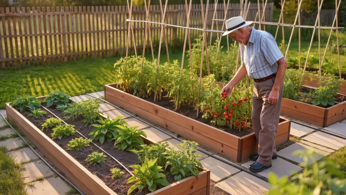 Neighbor admiring tall raised garden beds on a sunny backyard patio
