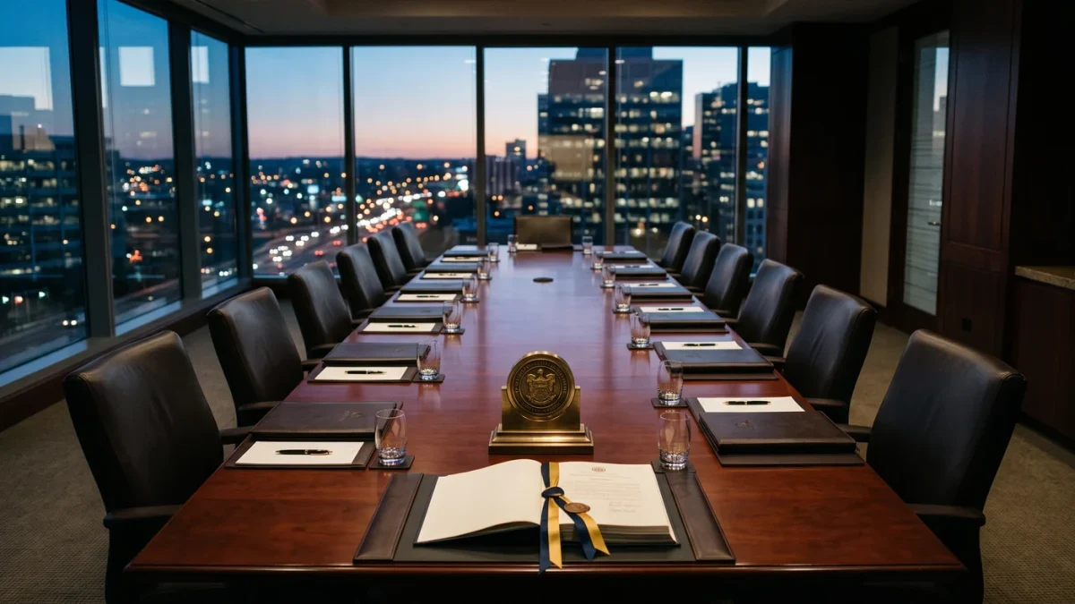 Boardroom table with documents and a corporate seal at dusk