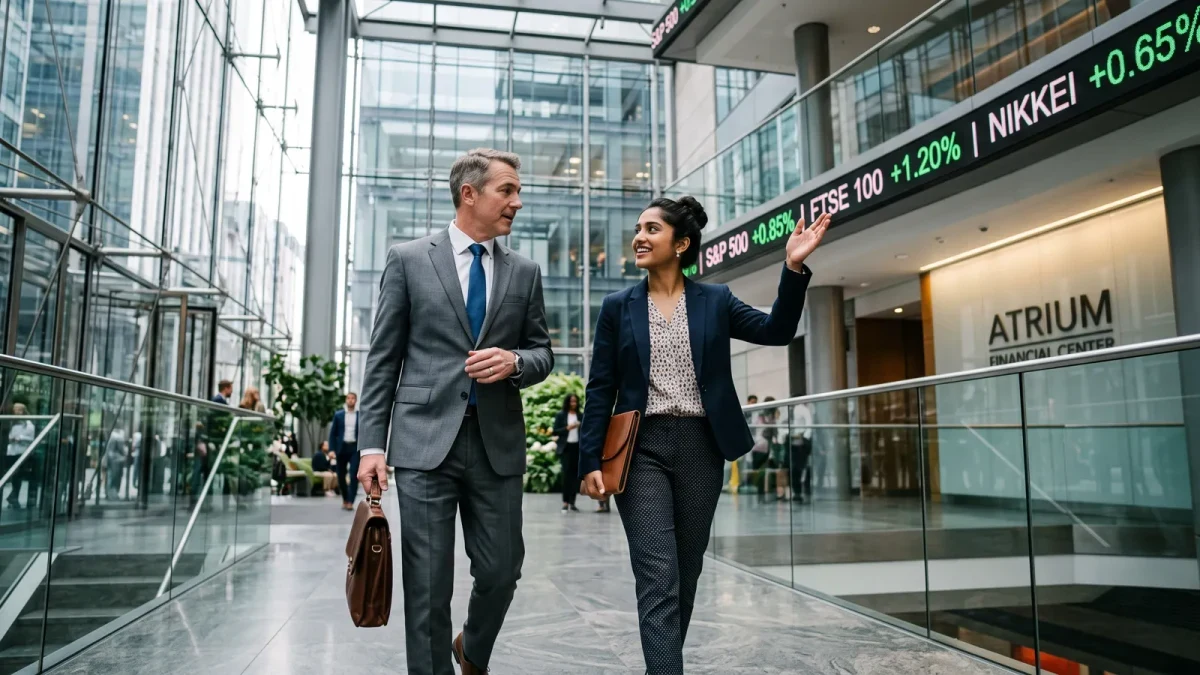 Two finance professionals walking through a glass atrium toward a ticker wall