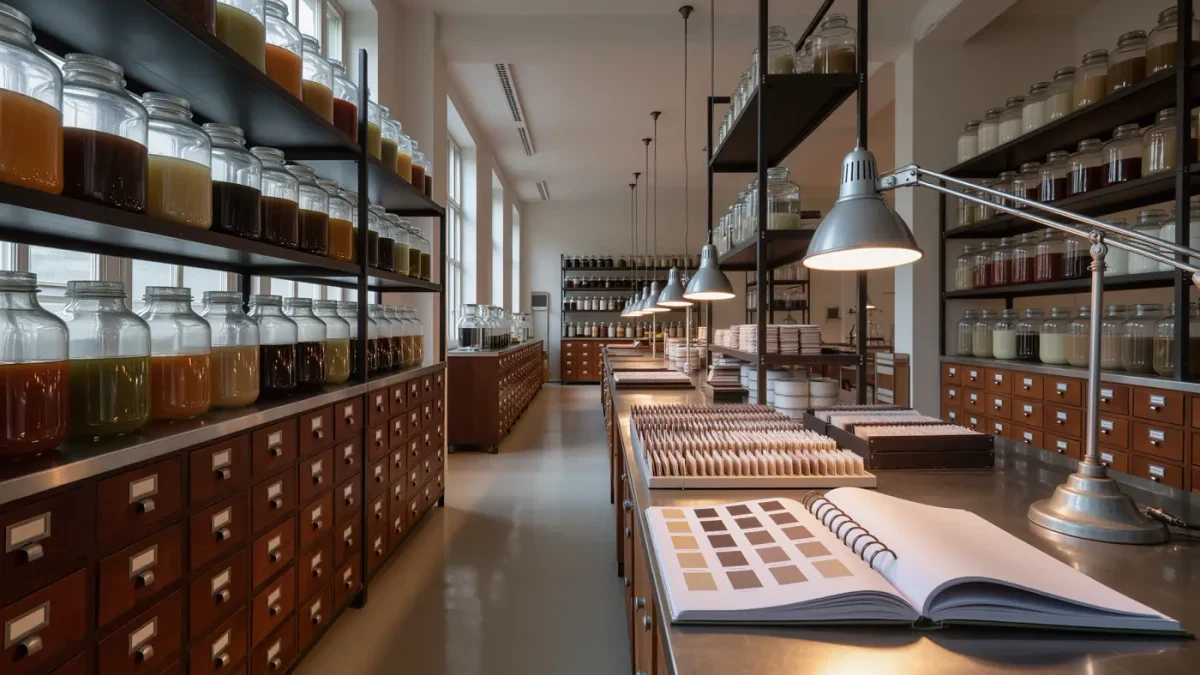 Textile mill dye laboratory with shelves of dye vats and swatch card drawers