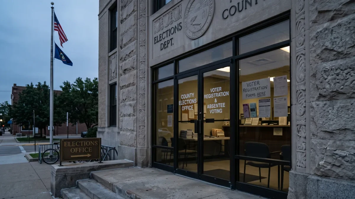 Registration office entrance with voter forms on a counter inside glass doors