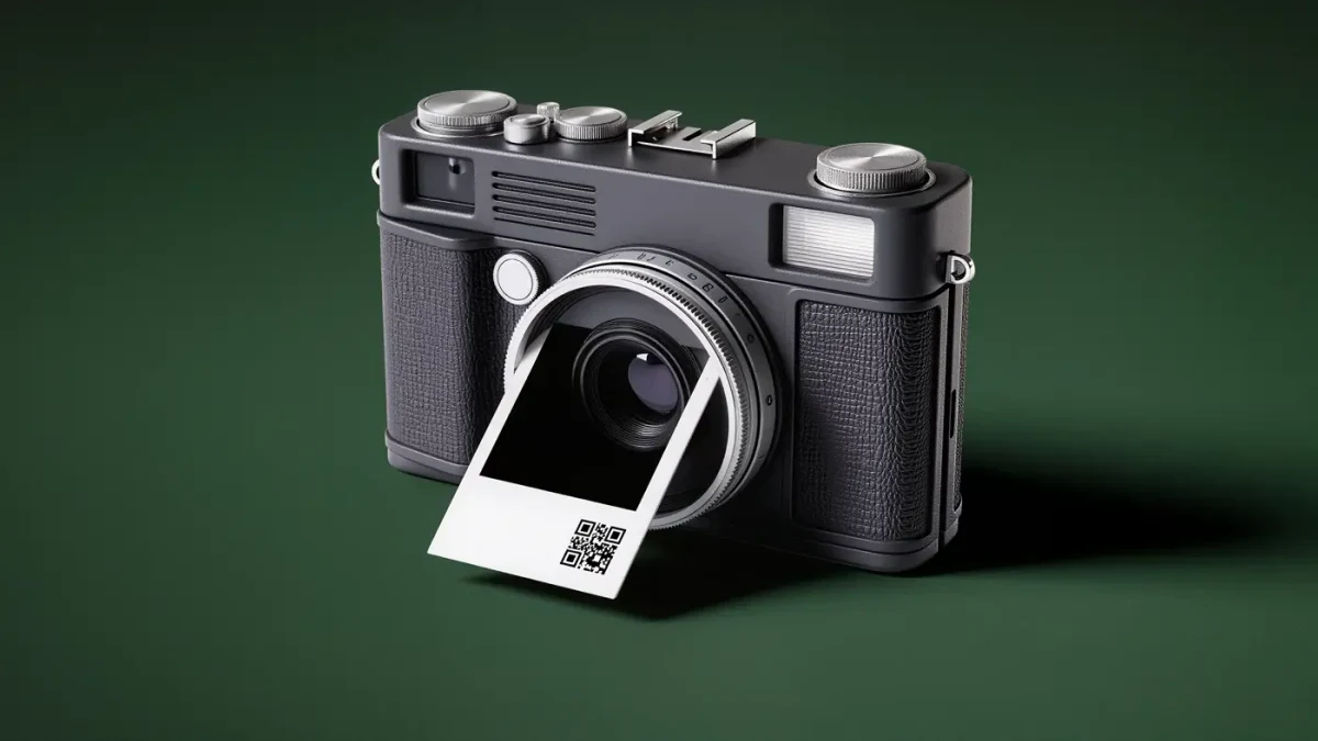 Studio close-up of a retro instant camera printing a photo