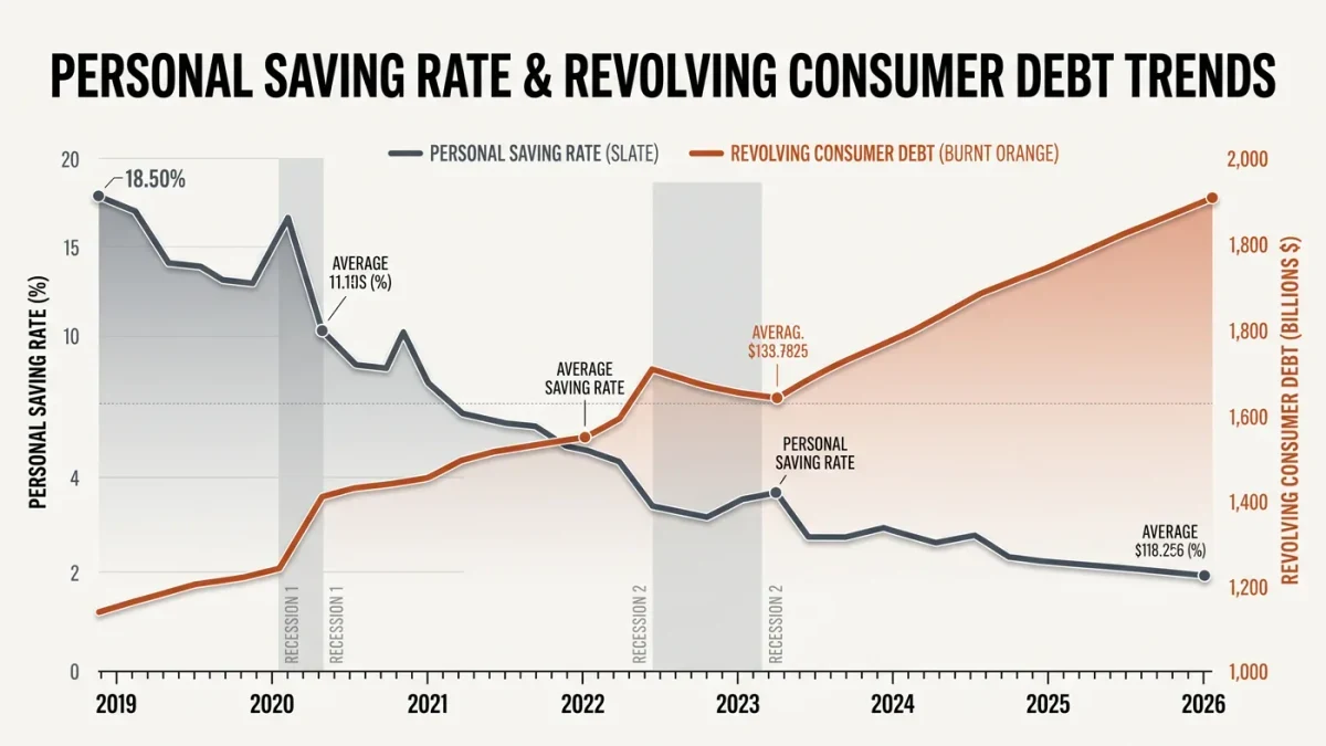 Chart of falling saving rate alongside rising revolving debt balances
