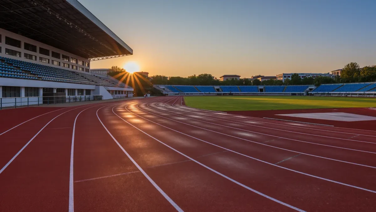 Empty running track at dawn, lane lines converging