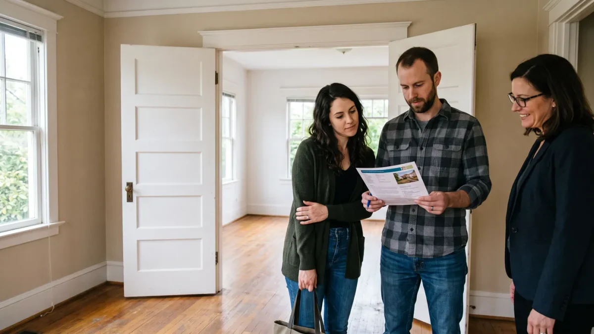 Couple touring an open house with an agent, inspecting a doorway