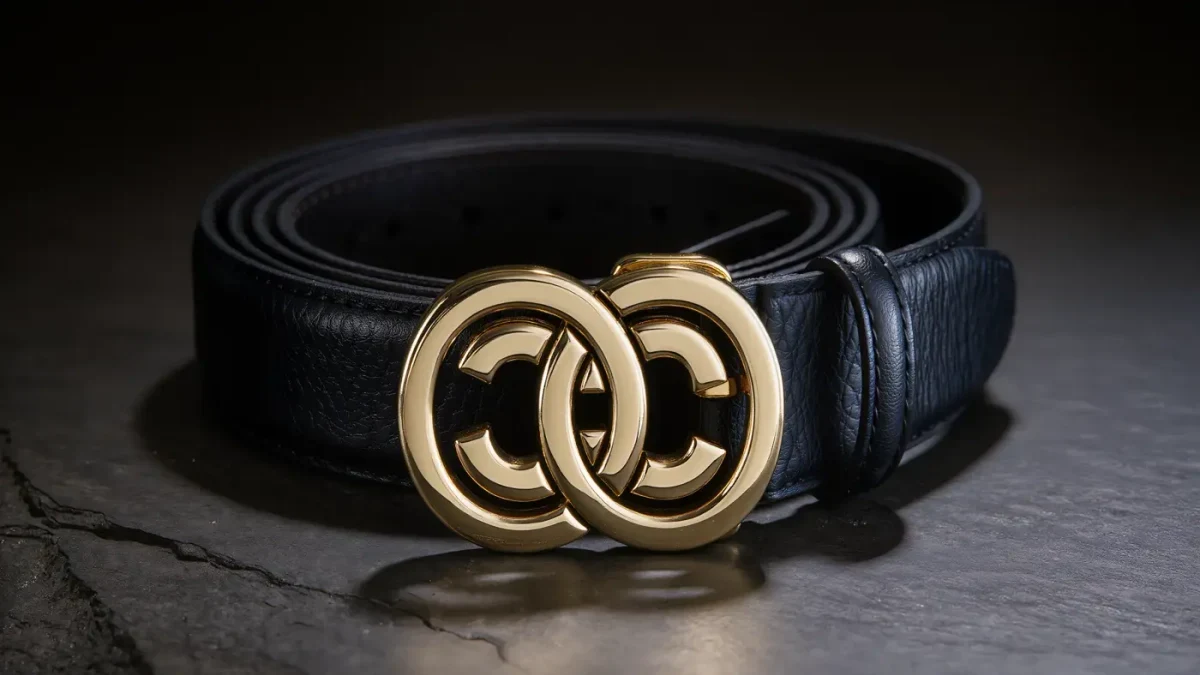 Close-up of a gold logomania hardware buckle on a black leather belt