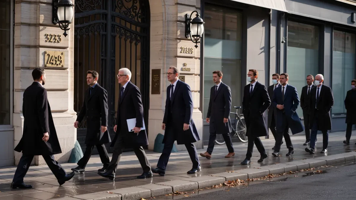 Fashion editors in dark coats filing past a couture atelier entrance on a winter morning