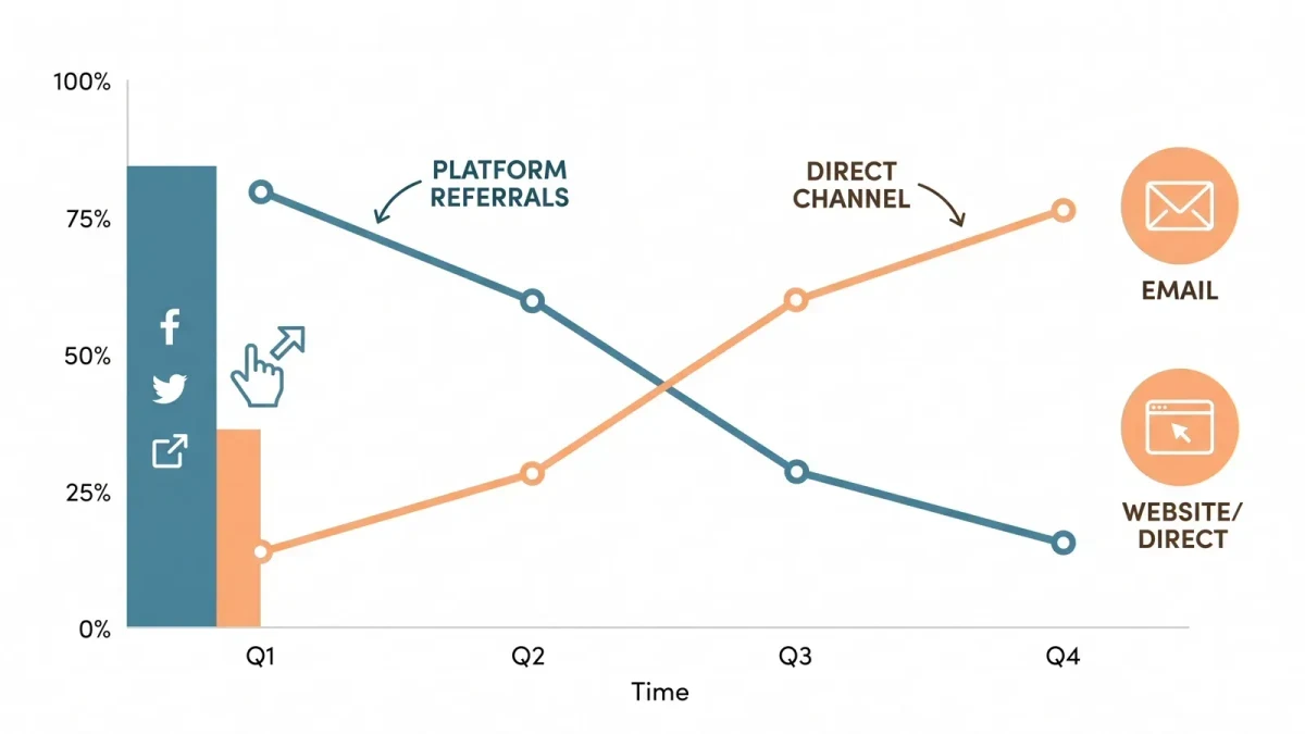 Infographic of shrinking platform referral bars beside rising direct-channel lines