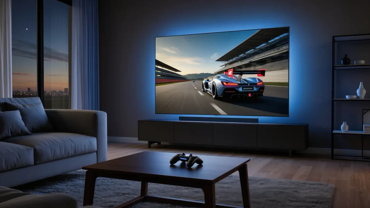 Television in a dim living room showing a fast-paced racing game