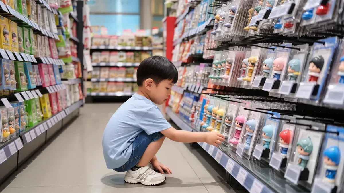 Child examining a collectible figure display in a store aisle