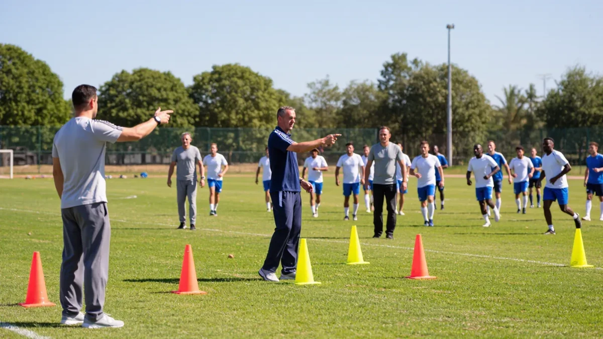 Coaches pointing at crowded penalty area drill with cones