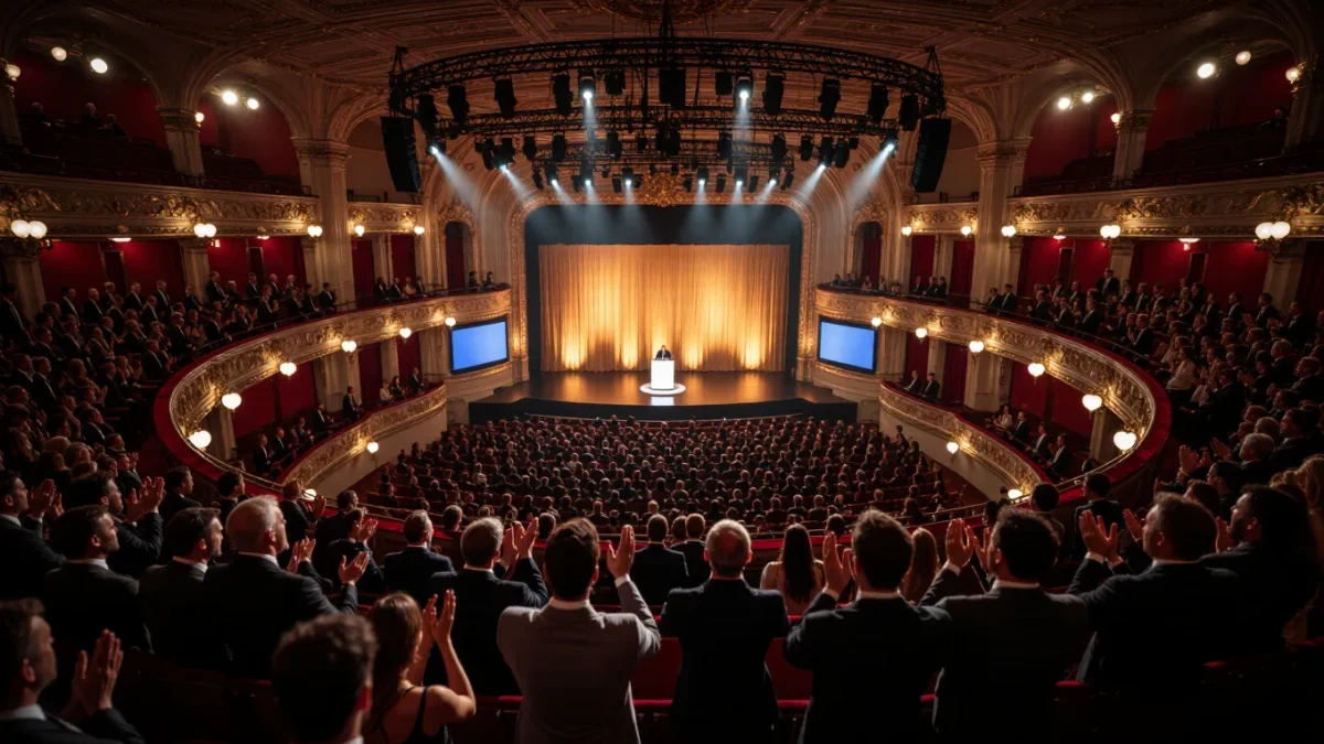 Awards ceremony audience applauding in a golden-lit theater seen from the balcony