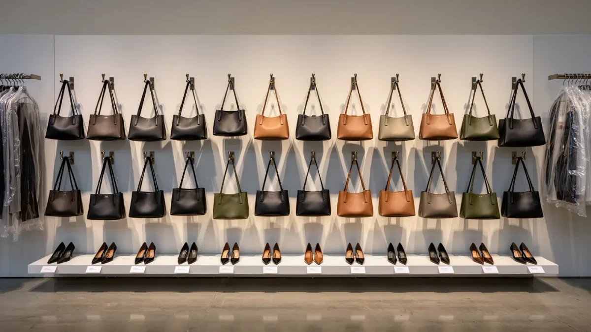 Backstage accessories wall of bags and shoes in ordered rows under work lights