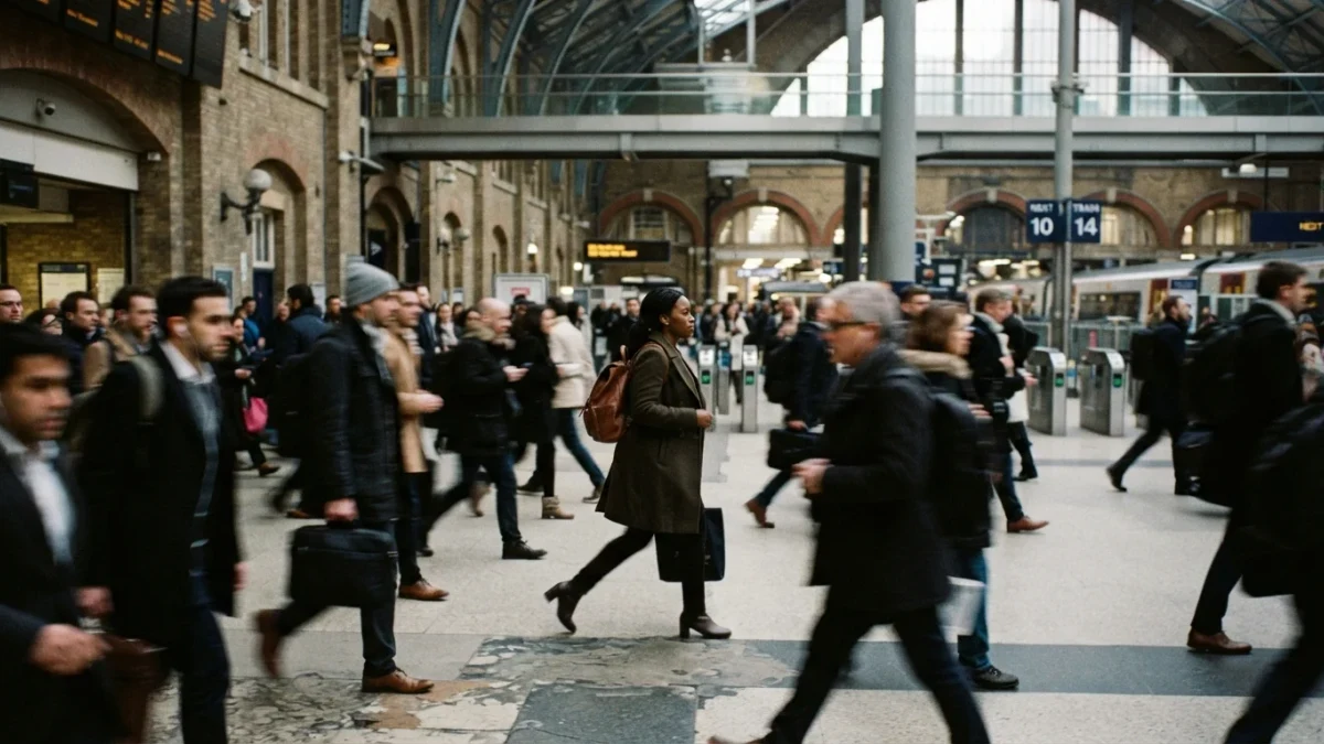 Commuters walk through a busy train station at morning rush hour