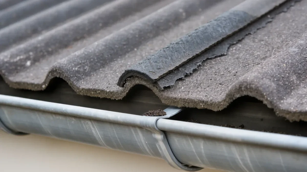 Close-up of weathered coastal roof shingles near a rain gutter