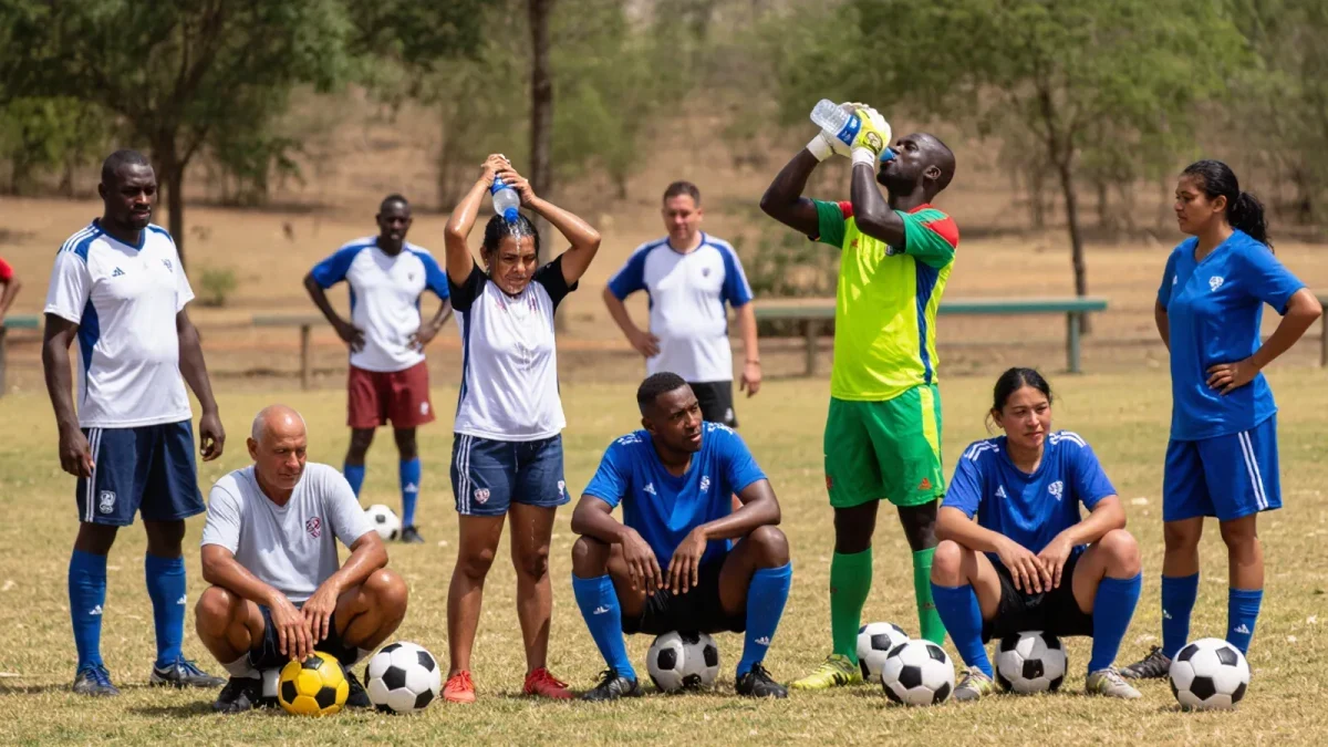 Amateur players drinking during hot summer match break