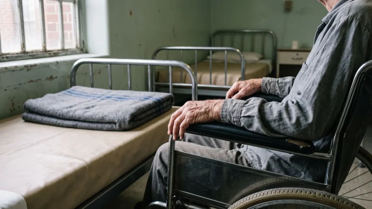 Elderly inmate's hands resting on a wheelchair armrest in a prison infirmary