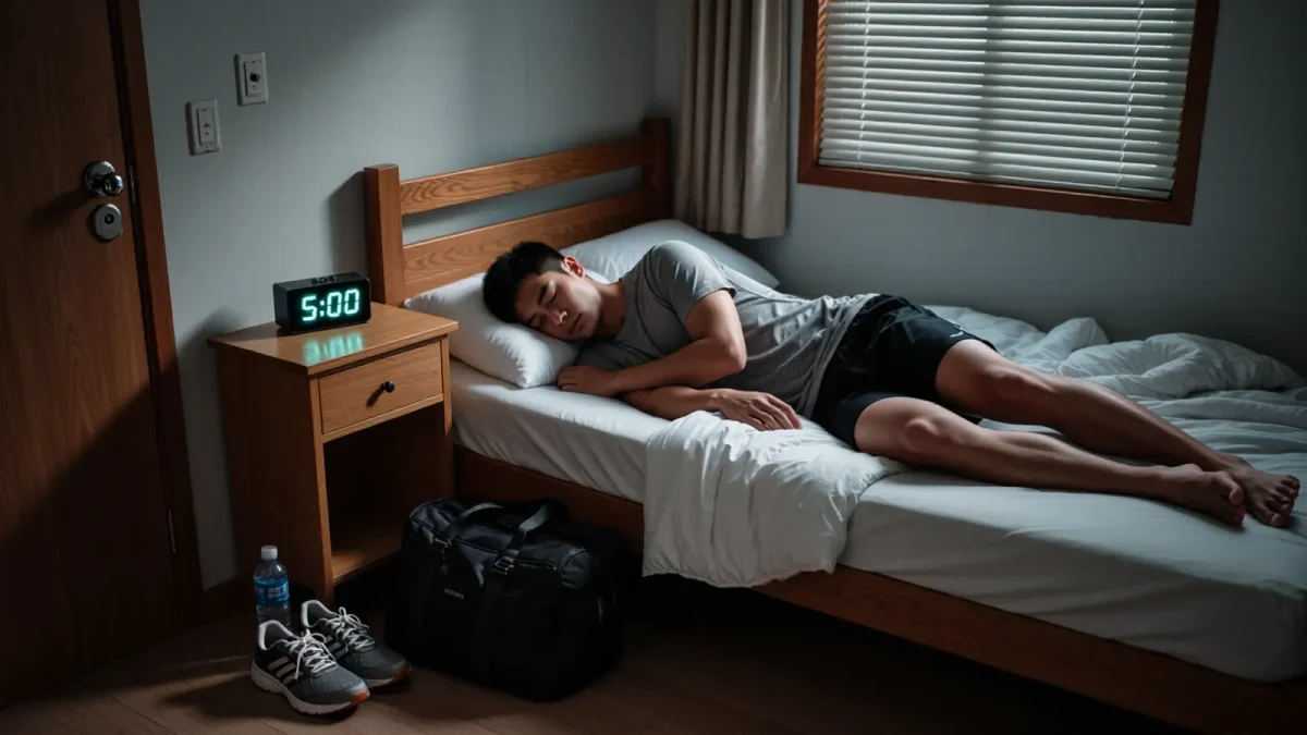 College athlete asleep in a dark dorm bedroom before morning training