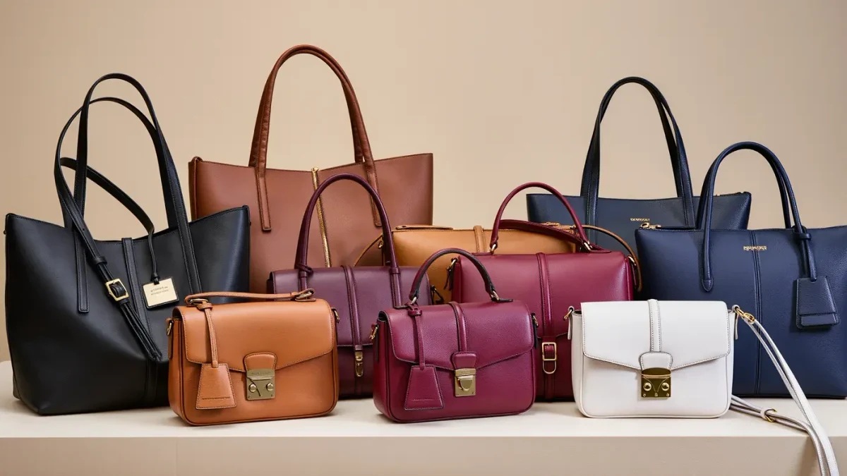 Vintage and designer handbags arranged on shelves in a bright secondhand boutique