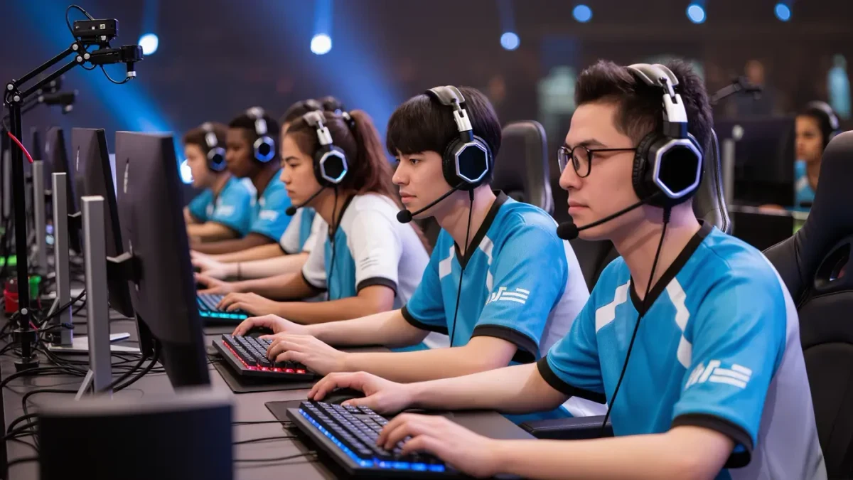 Diverse young competitors at a counter-strike tournament wearing team jerseys and headsets