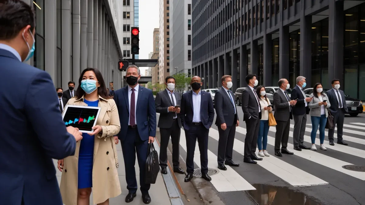 Commuters checking market news on phones in a morning financial district