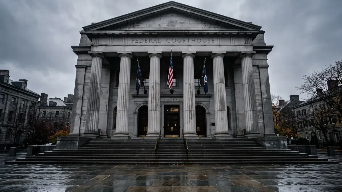 Courthouse exterior with steps and columns under overcast sky