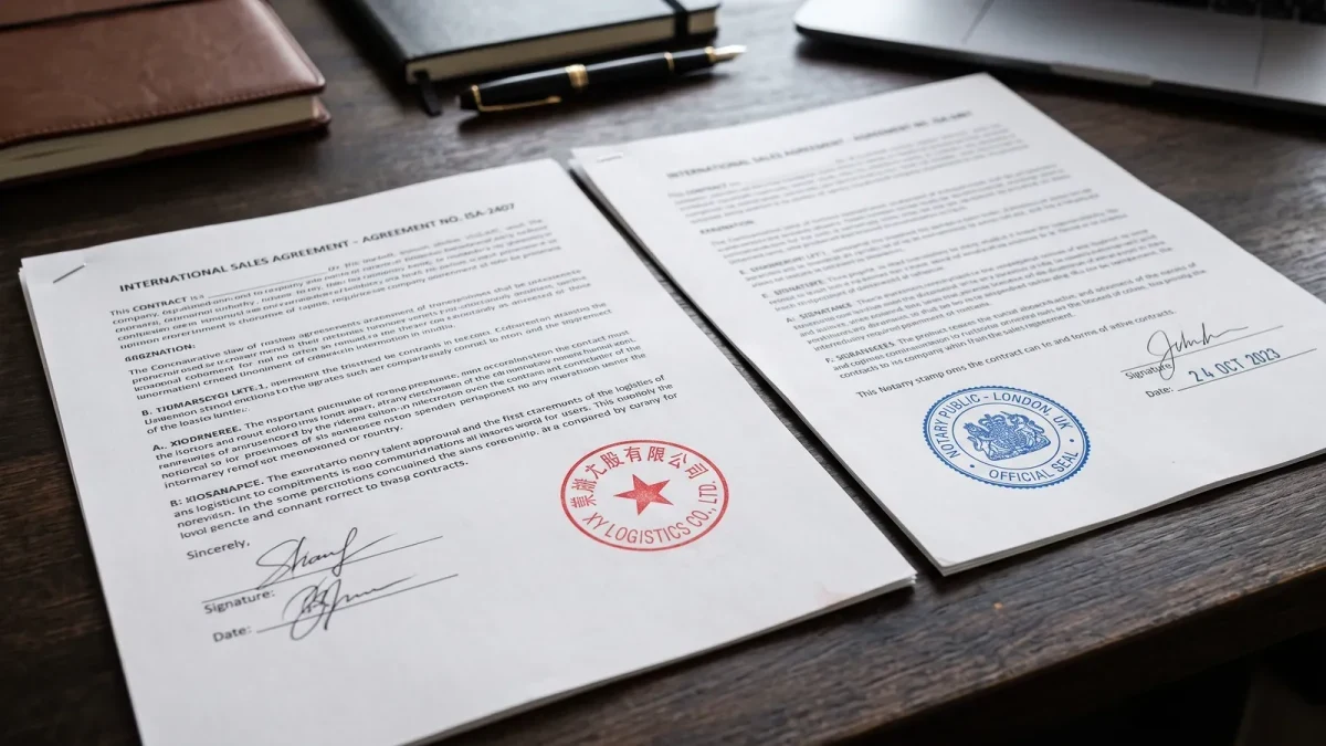 Close-up of two stamped sales contracts in different languages