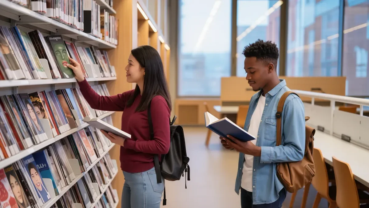 Teenagers browsing a graphic novel section at a public library