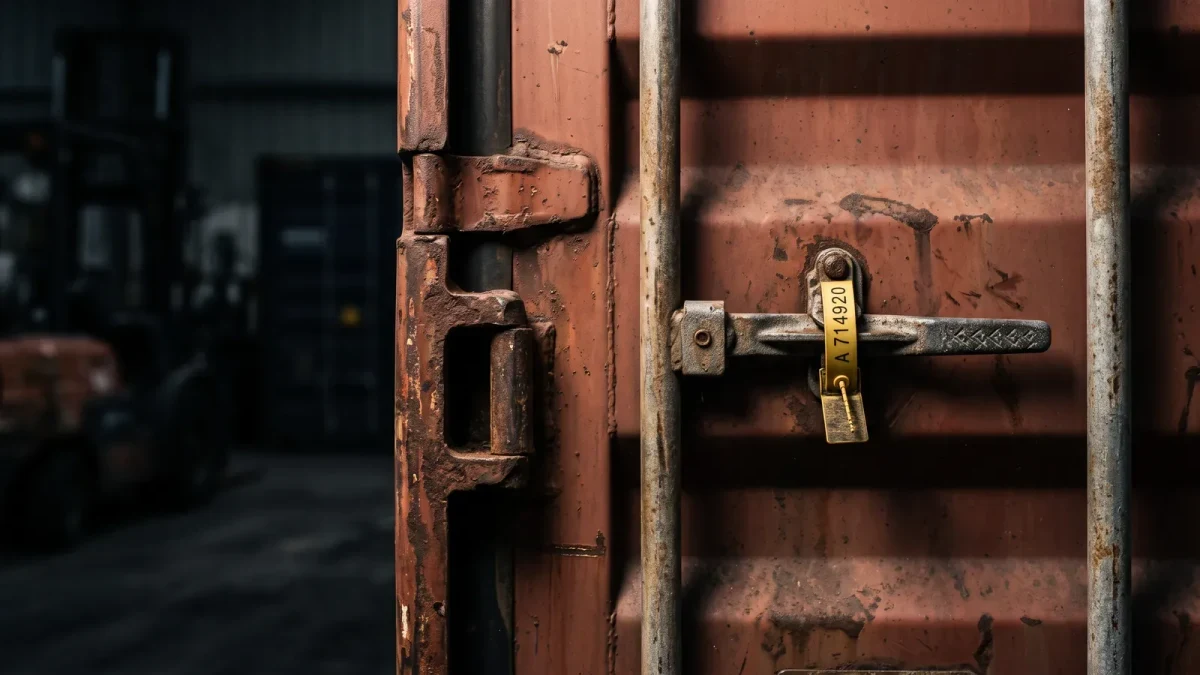 Close-up of a shipping container corner casting with a door seal